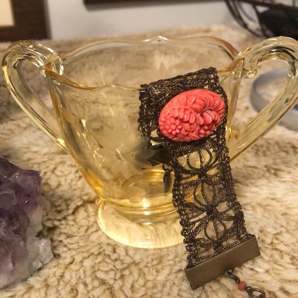 Crocheted Bracelet - Early 1900’s Coral-like Stone